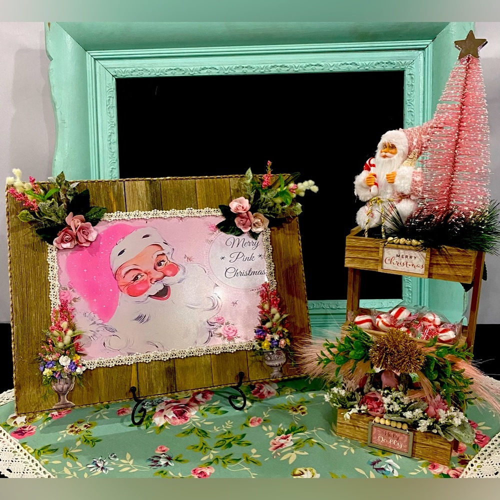Merry Pink Santa Christmas Display Centerpiece Faux Floral Bouquet and Wall Art